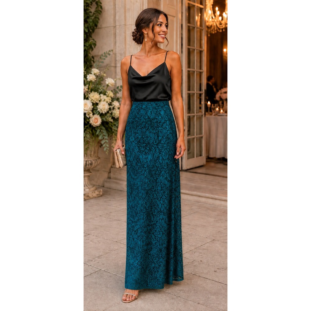NWT Belle Badgley Mischka Mallory Teal Lace Maxi Formal Skirt Size 6